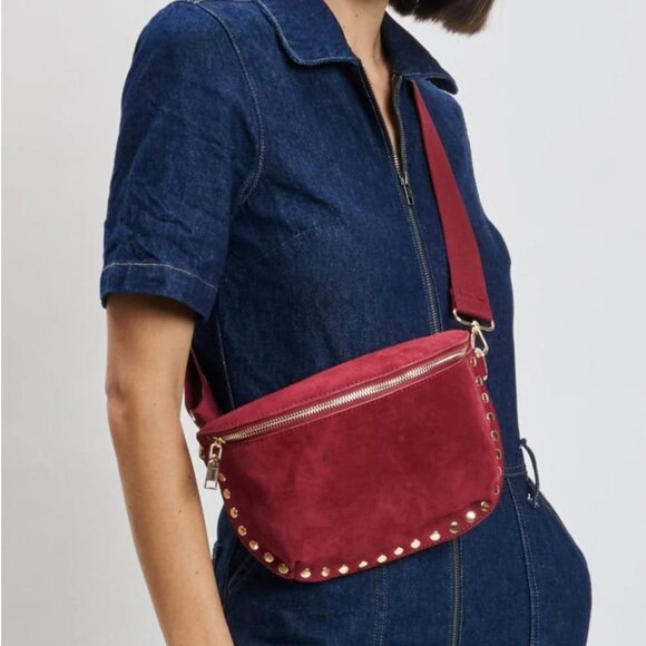 Handbags - NWT Wine Burgundy Suede Studded Crossbody Sling Bag Genuine Leather Belt Bag